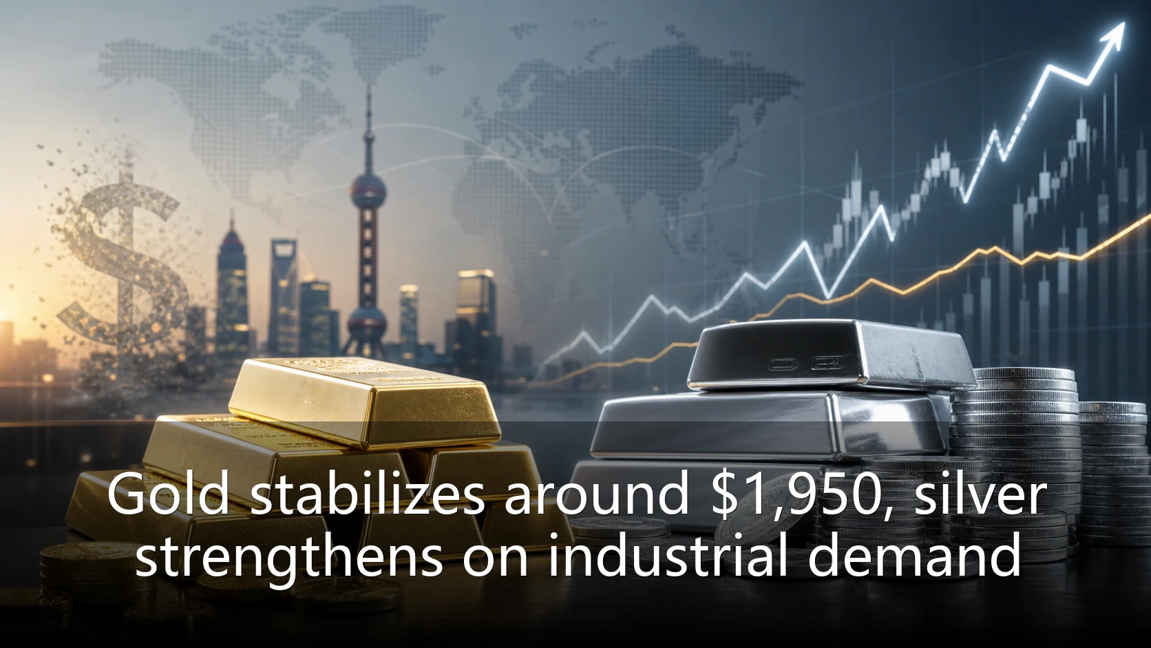 Gold stabilizes around $1,950, silver strengthens on industrial demand